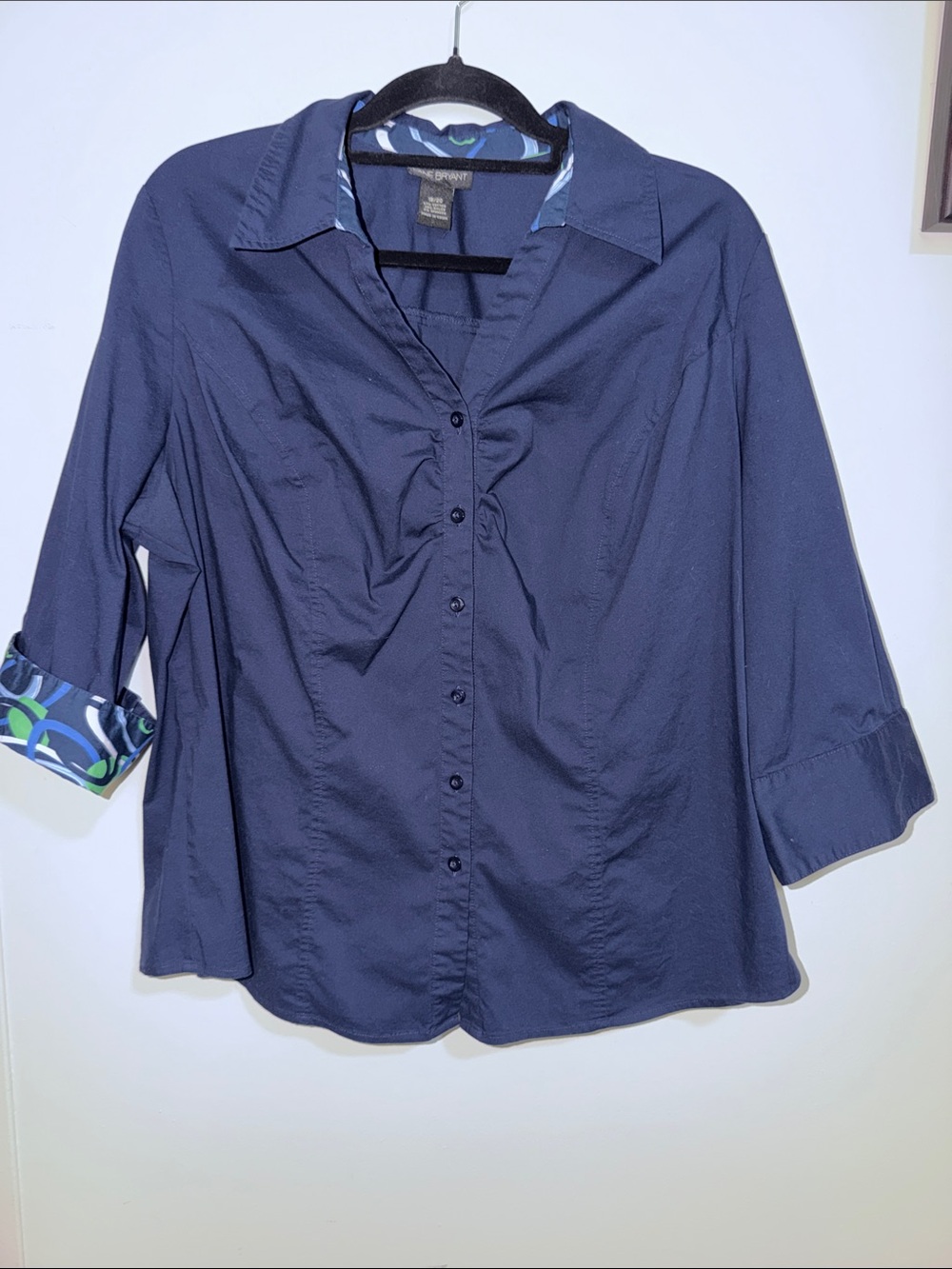 Lane Bryant Navy Button-Down Blouse with Patterned Cuff Detail